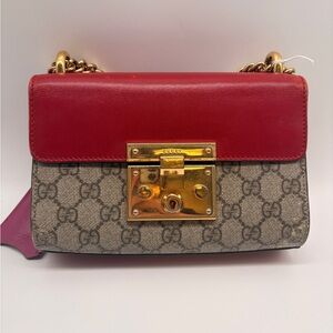 Gucci Red Leather Logo Tag with Beige Suede Interior